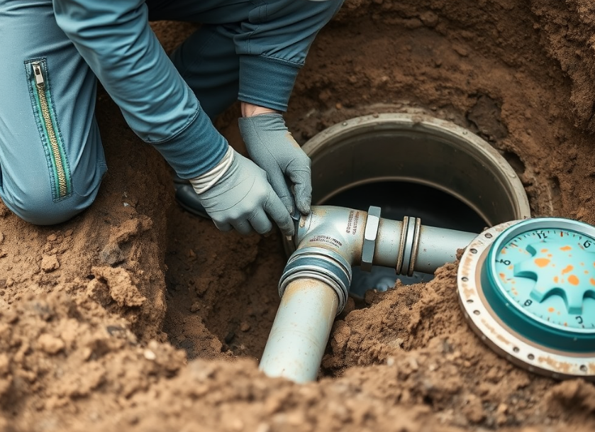 A plumber or septic service worker repairing a cracked septic pipe or sealing a small leak in an underground septic tank.
