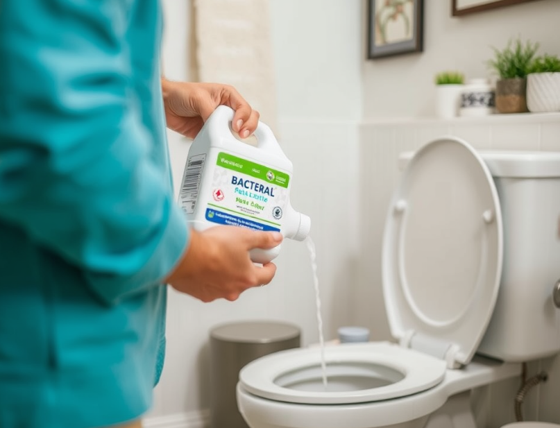A homeowner pouring a septic-safe bacterial additive into a toilet, symbolizing the maintenance of a healthy bacterial balance in the system.