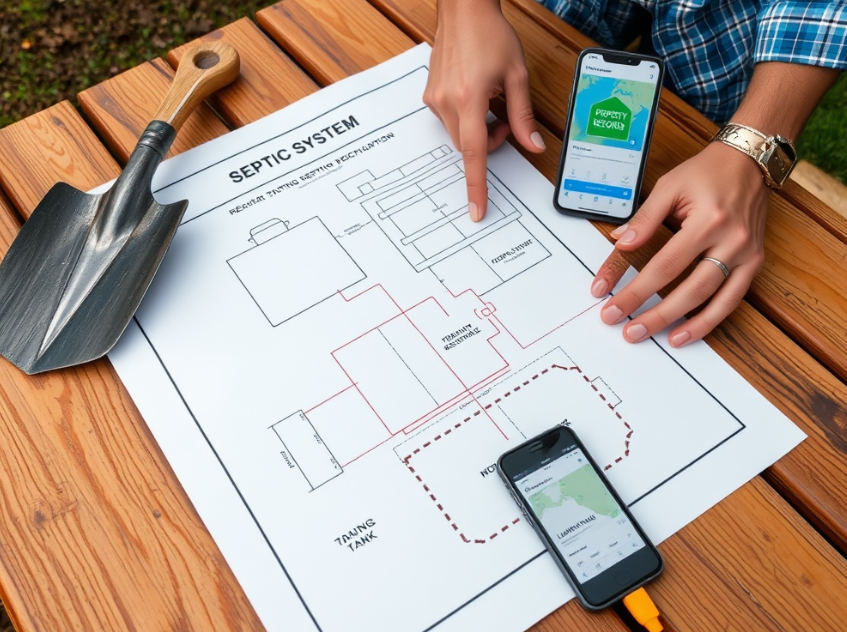 Homeowner reviewing a septic system blueprint to locate tank and drain field, with tools ready for inspection.