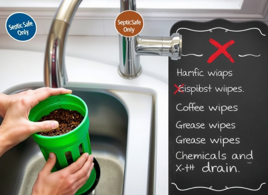 Kitchen scene highlighting septic-safe practices: composting coffee grounds and avoiding harmful drain items.
