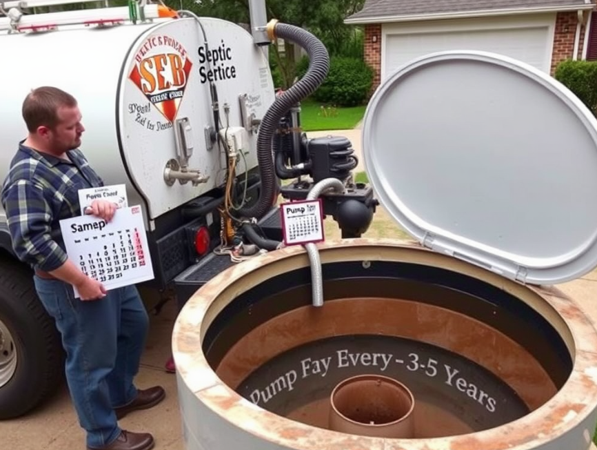 Septic pumping professional servicing a tank while homeowner notes the schedule, emphasizing regular maintenance.