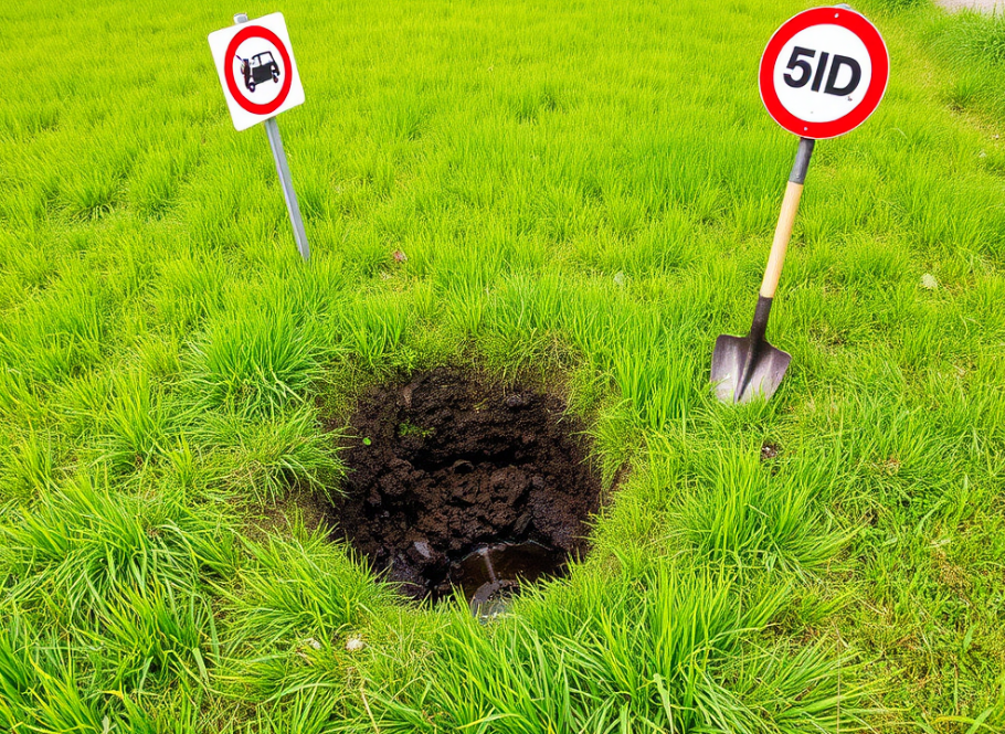 Well-maintained septic drain field with proper rainwater drainage, contrasted with a damaged field for warning.