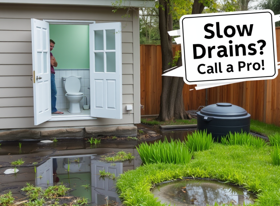 Homeowner noticing septic failure signs: sewage backup, soggy yard, and gurgling drains.