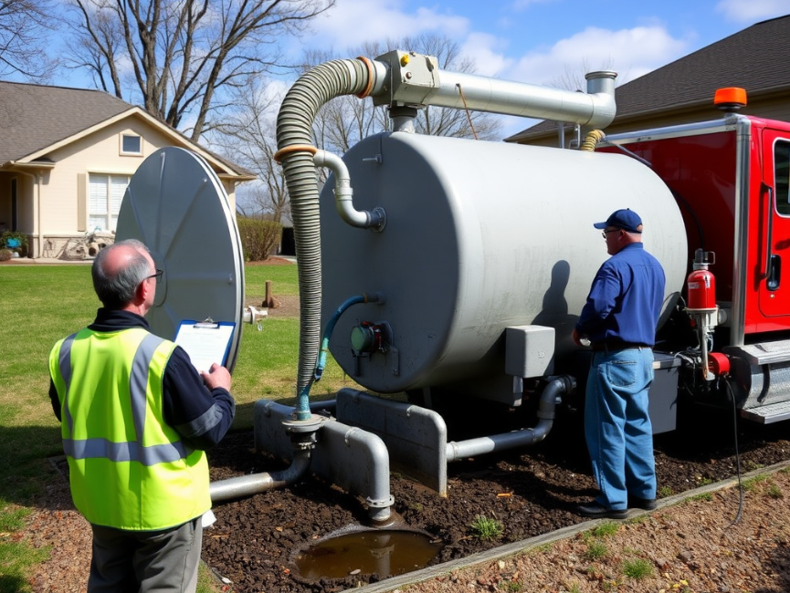 Septic technician pumping an overloaded tank due to frequent use and system strain near a residential home.