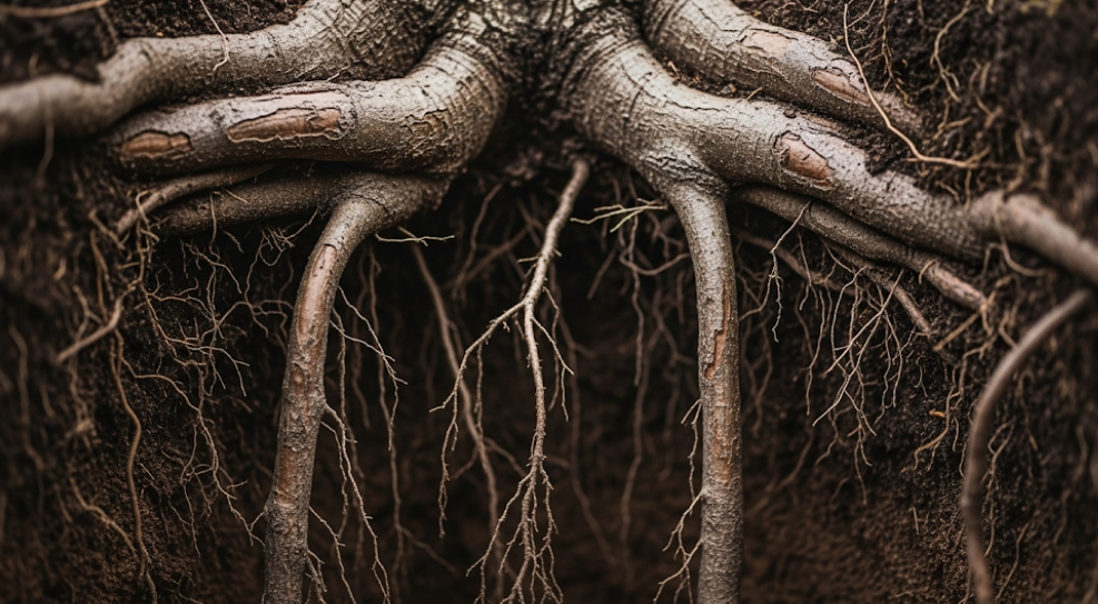 Tree roots spreading underground through damp soil.