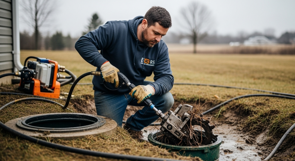 Technician performing root removal work near a septic tank.