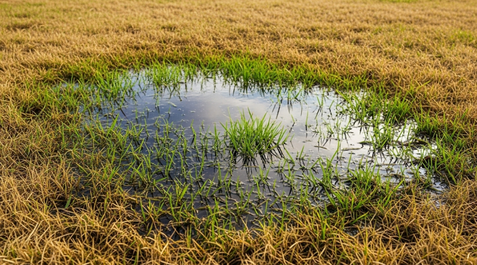 Wet and overly green patch of grass indicating septic system trouble.