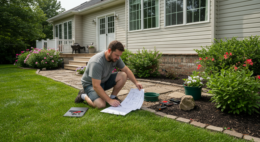 Homeowner checking a septic system diagram to locate the tank lid.