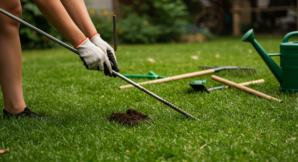 Homeowner using a metal probe to locate septic tank lid under the lawn.