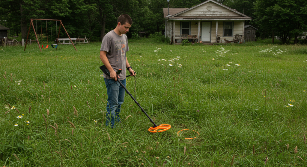 Person scanning lawn with a septic tank locator tool to find buried lid.