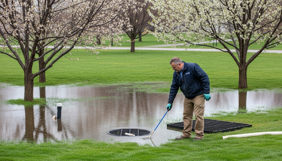 Septic technician inspecting a springtime lawn with signs of water pooling.