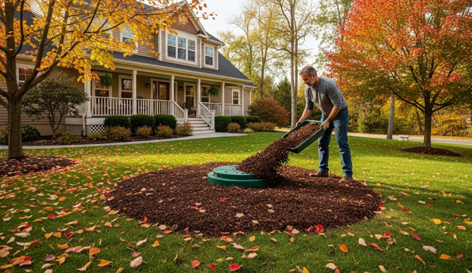 Homeowner adding mulch over septic tank area for winter insulation during fall