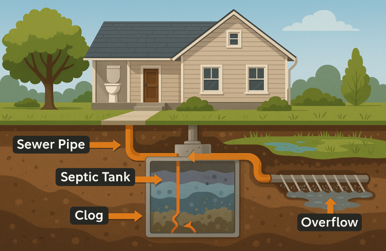 Diagram of a septic system showing possible problem areas and need for seasonal care