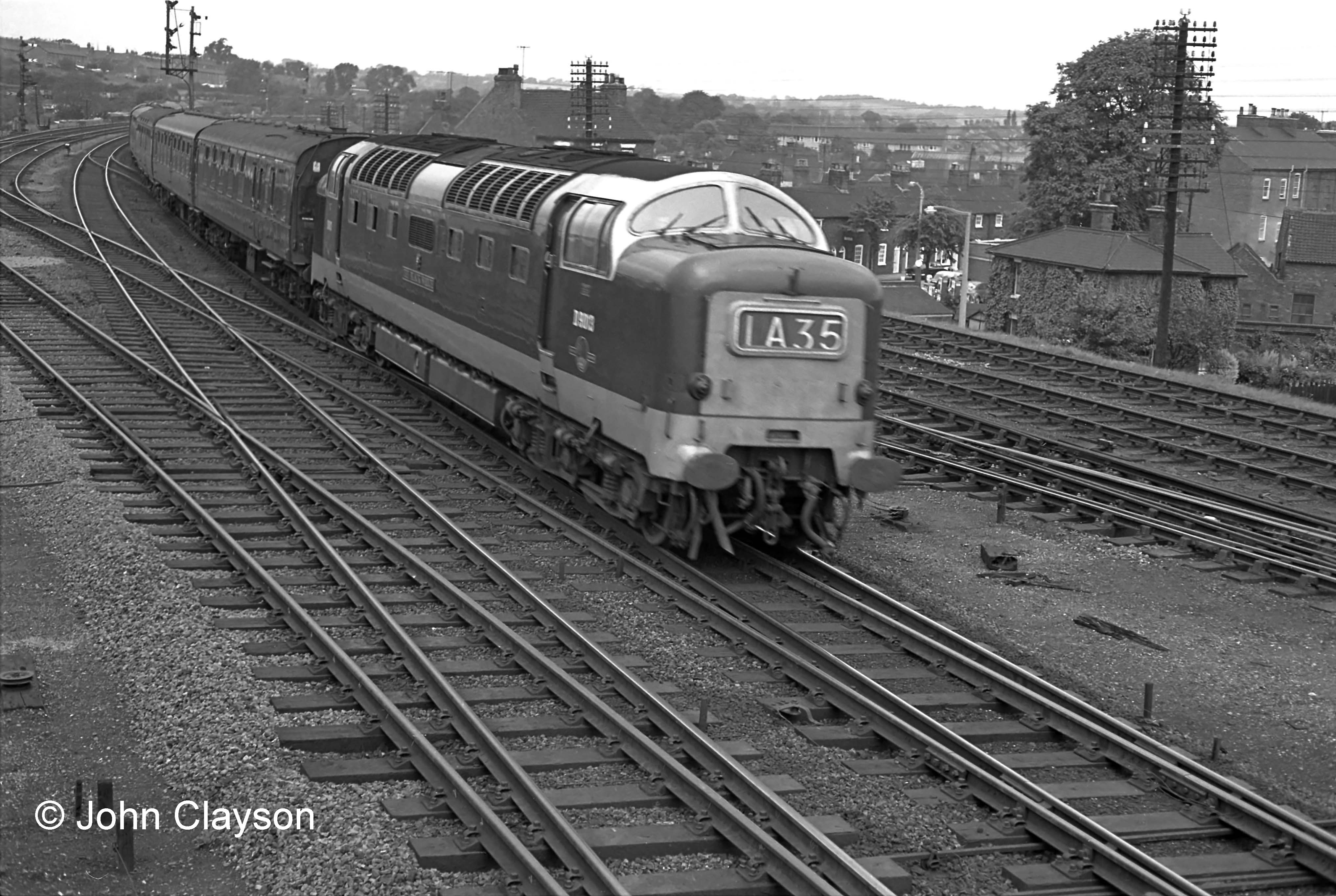 As we climbed the steps to the box train 1A35 The Flying Scotsman (10:00 Edinburgh Waverley to London Kings Cross) sped past, hauled by D9013 The Black Watch. Photograph by Cedric A. Clayson.