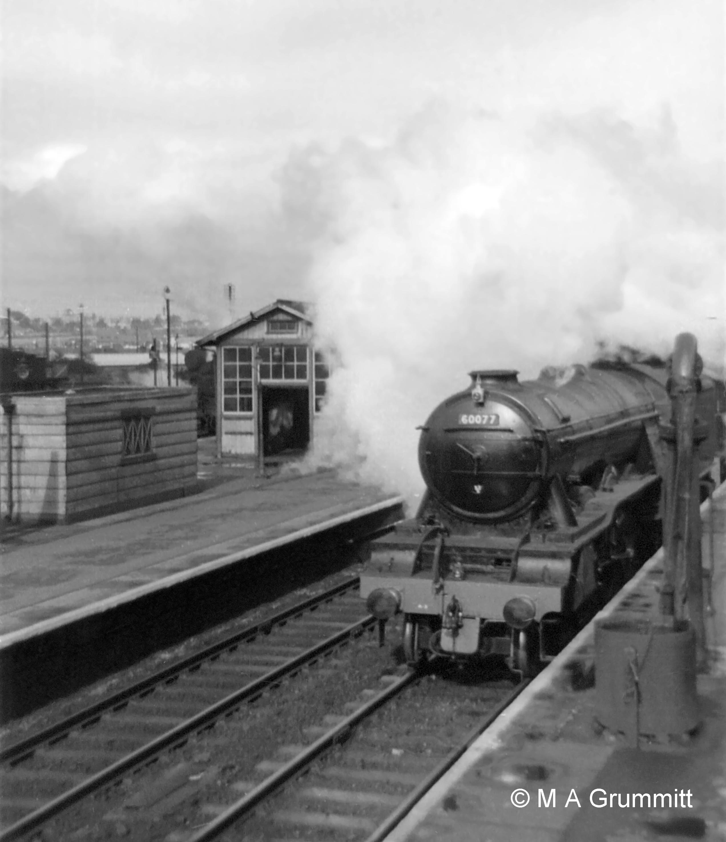 The view from the Yard Box as A3 No.60077 The White Knight approaches on the Up Main line with a class H freight from Doncaster to New England (Peterborough), running in after overhaul at Doncaster Plant. Photograph by Mick Grummitt.