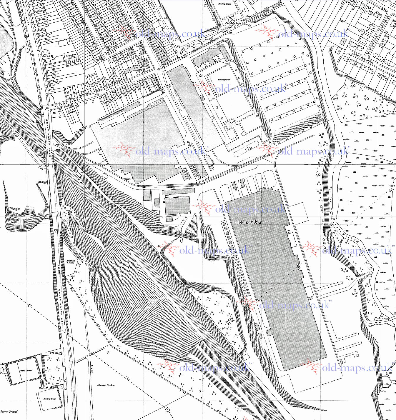 Aveling-Barford's works on the south side of Grantham in 1964, showing how the internal railway system linked to the British Railways sidings through a separate arch under the Great North Road, next to the main line bridge.