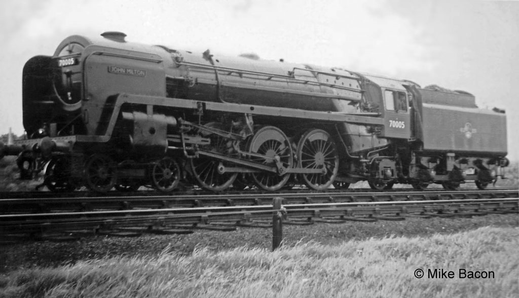 Britannia No. 70005 John Milton stands at Barkston Junction on trial from Doncaster Works following overhaul, photographed from point 'A' on the plan of Barkston Junction. At this time in its career it was based at Stratford shed in East London (30A), working out of Liverpool Street station on express services to Ipswich and Norwich. Photograph by Mike Bacon, © Mike Bacon