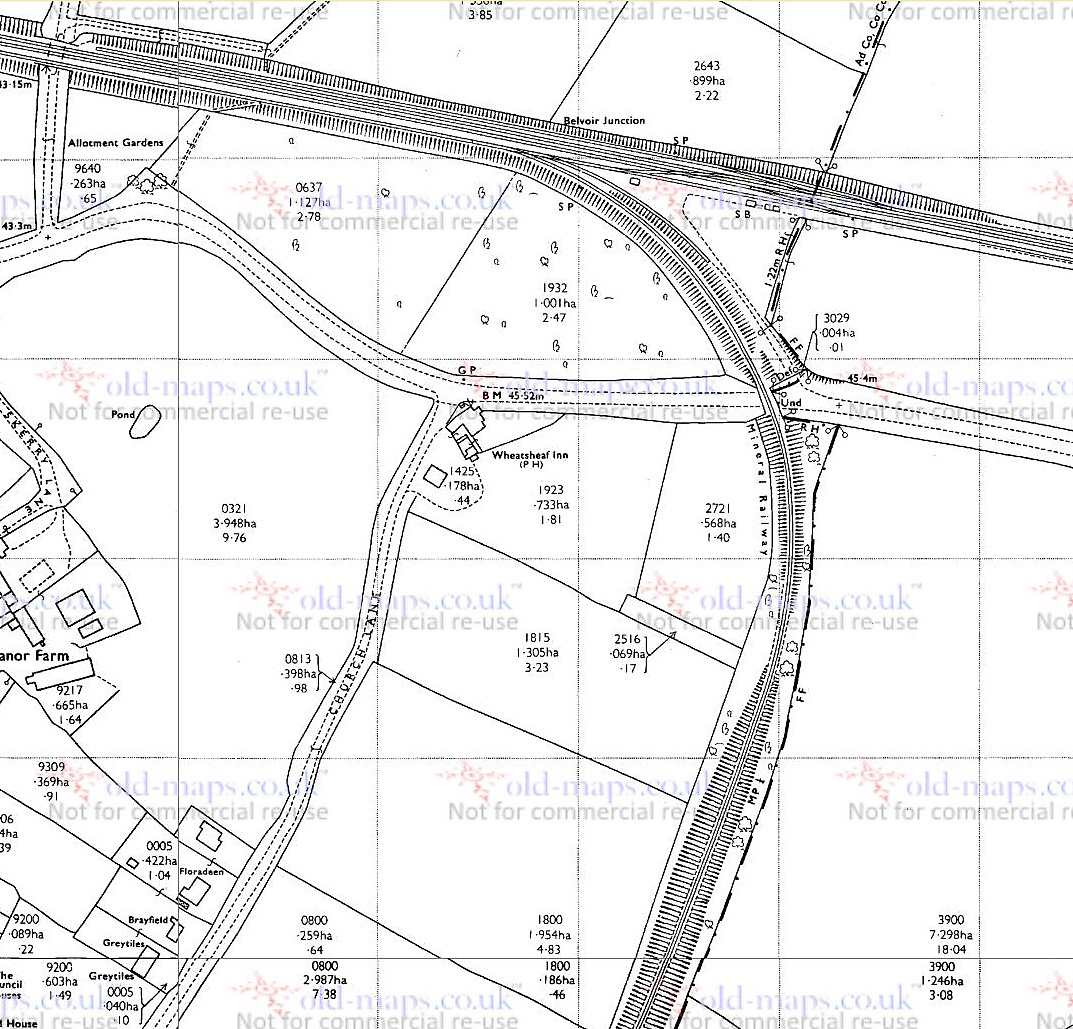  A map of Belvoir Junction in the early 1970s, showing: o top centre - the branch, on a curved embankment, converging with the Grantham-Nottingham line o centre right - the bridge over the A52 o the line heads south in a cutting.