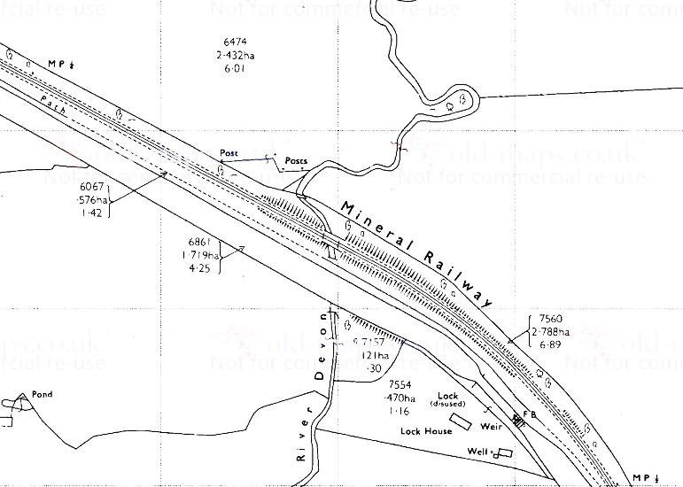 The canal and the railway both cross the River Devon. Note the canal lock at bottom right.