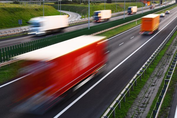 Trucks on four lane controlled-access highway in Poland.