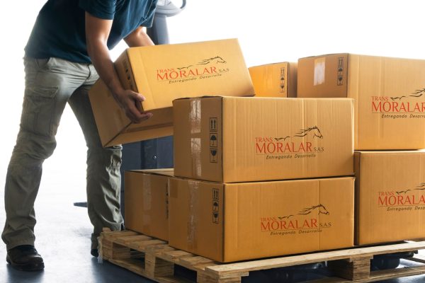 Workers Lifting Packaging Boxes on Pallets Racks in The Warehous