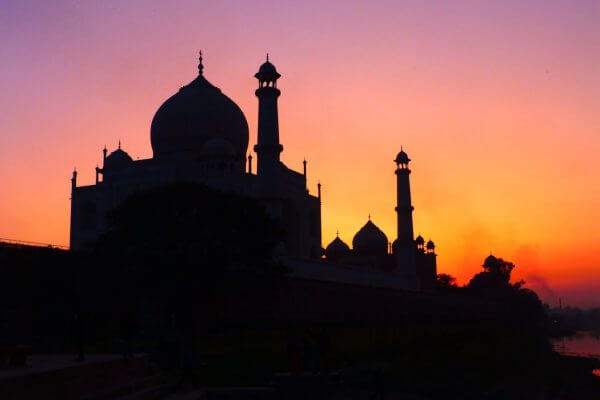 Taj Mahal at sunset from riverside