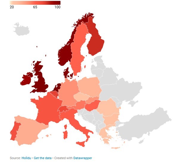 Her er Europa-kortet over de mest juleglade lande. Jo dybere rød – desto mere julevild. (Infografik: Holidu)