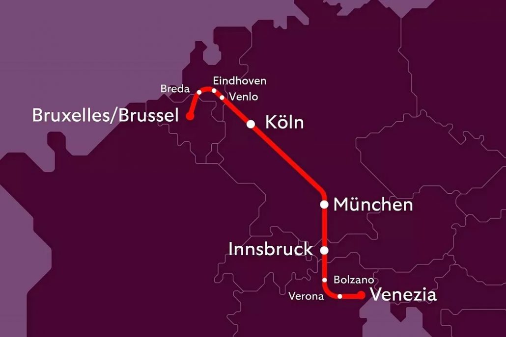 Den nye natlige togrute mellem Bruxelles og Venedig. (Illustration: European Sleeper)