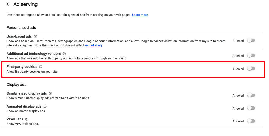 How to allow first-party cookies in Adsense