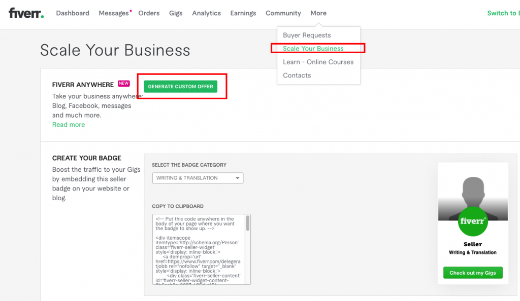How to generate a custom offer in Fiverr.