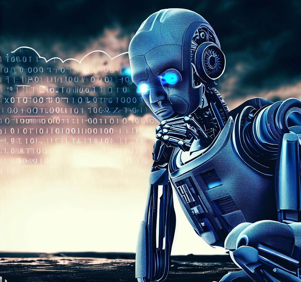 Artificial intelligence thinking about AI with a doomsday background