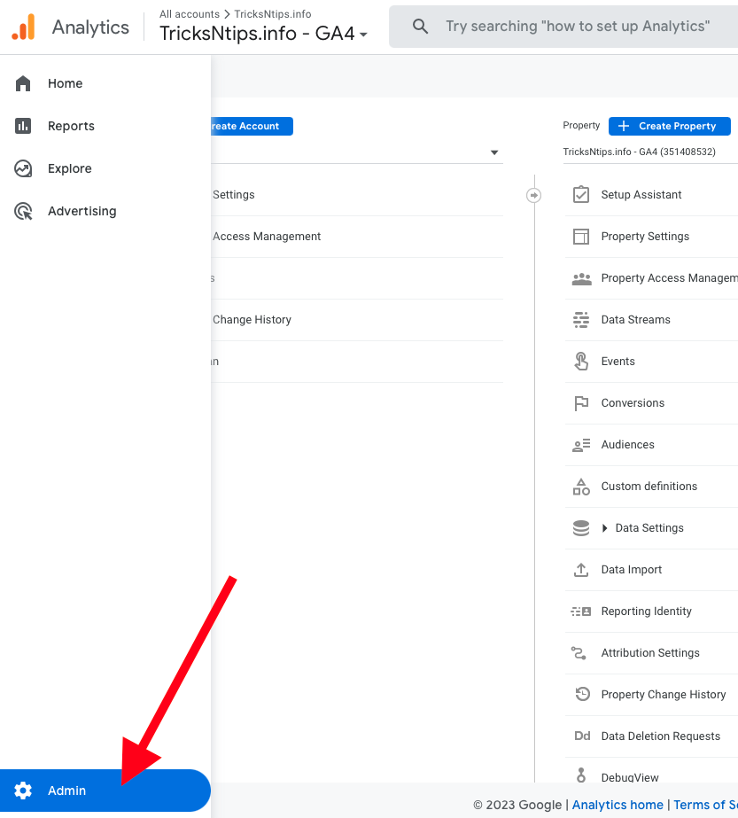 Start by clicking on Admin in Google Analytics.