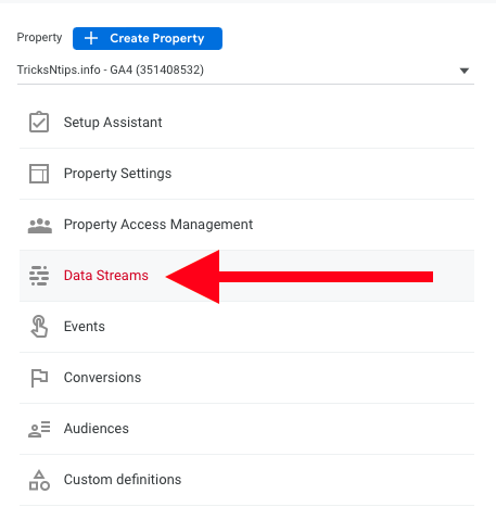 Select Data Streams in Google Analytics.