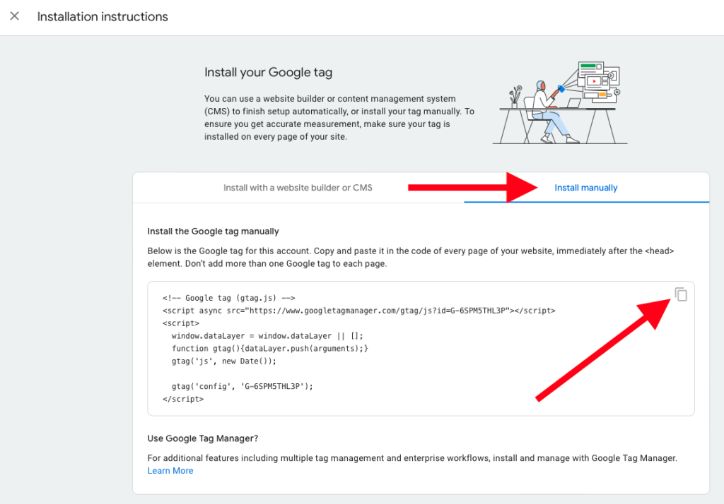 Copy the tracking code for website traffic in Google Analytics.