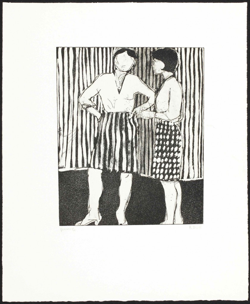 Richard Diebenkorn: 'Untitled (Two women wearing patterned skirts standing against striped background)', 1965