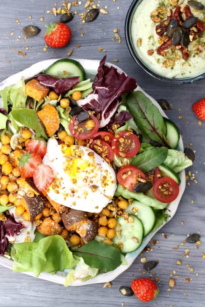 Summer Buddha bowl -Vegan Parmesan Sweet potato, Chickpeas & Avocado-Tahini-Lime Dressing - Truefoodsblog