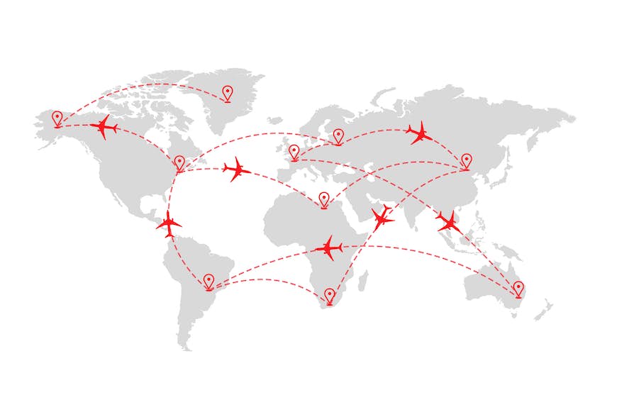 Flygbolagsväg prickad på en världskarta i rött