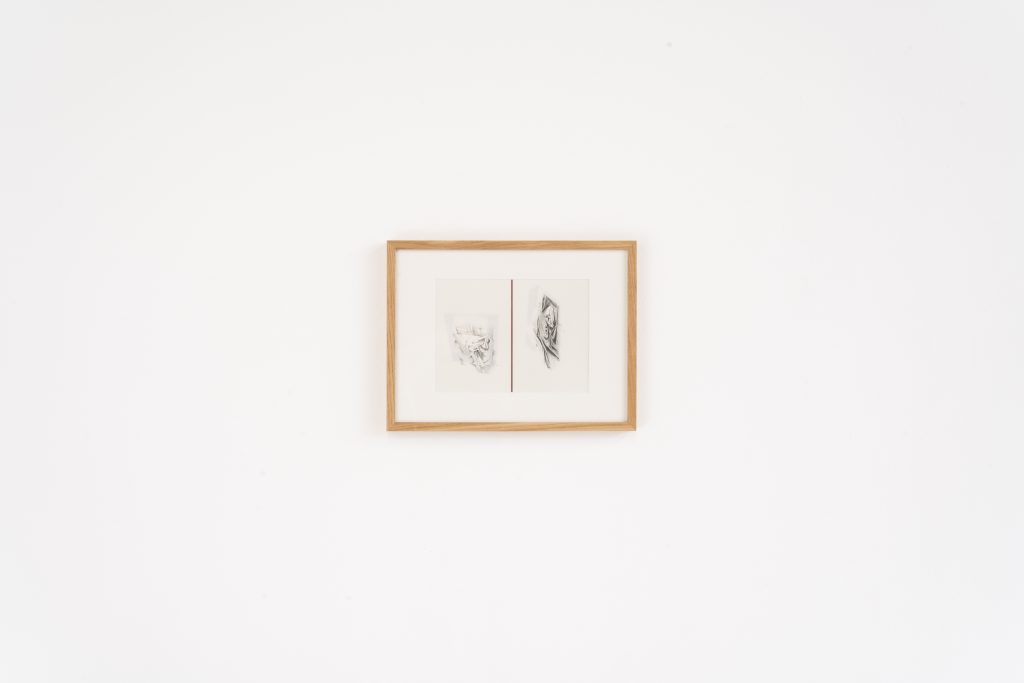 Swooning diptych. A drawing in a wooden frame with two distorted forms separated by a red line.