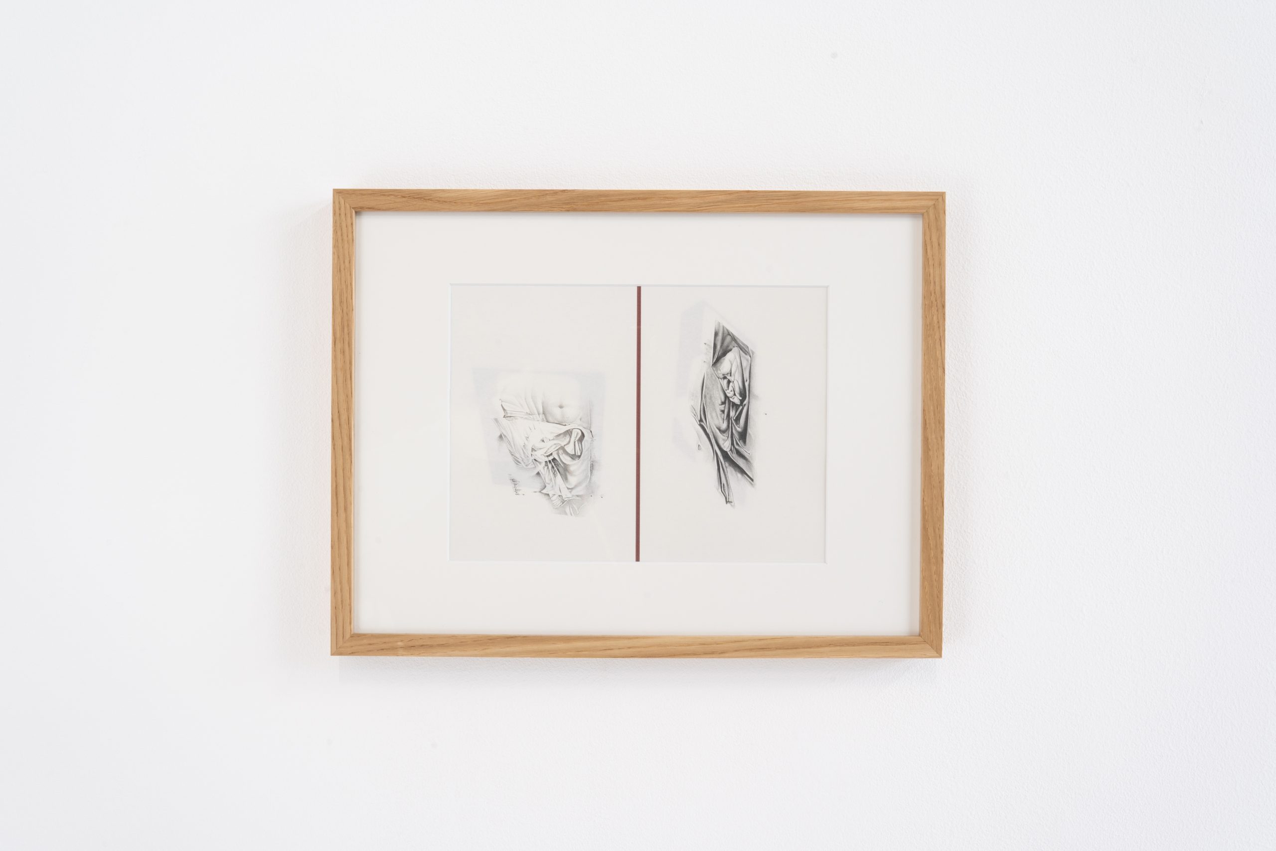 Swooning diptych, 2021, in collaboration with Oriana Fenwick. Graphite and pigment ink print, 40 x 30 cm. Drawing of distorted forms in front of a pale background with a red line separating the two forms.