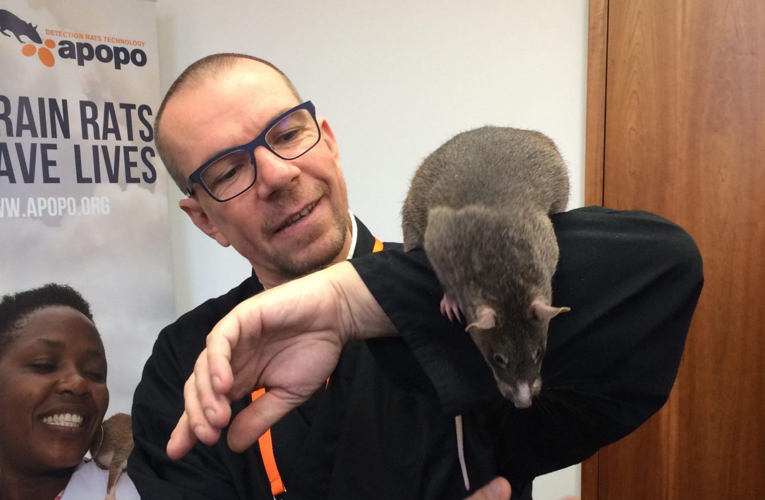 APOPO's Bart Weetjens holding Tora a Gambian pouched rat