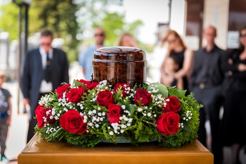 Funerary,Urn,With,Ashes,Of,Dead,And,Flowers,At,Funeral.