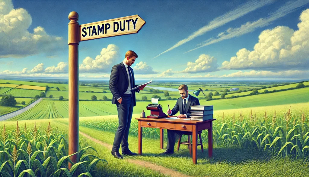 Stamp Duty Explained: What You Need to Know - UK Stamp Duty Claims DALL·E 2024 07 23 15.51.28 A landscape scene depicting a man paying stamp duty. The man stands near a desk set up in an outdoor setting with a rolling green field and blue sky