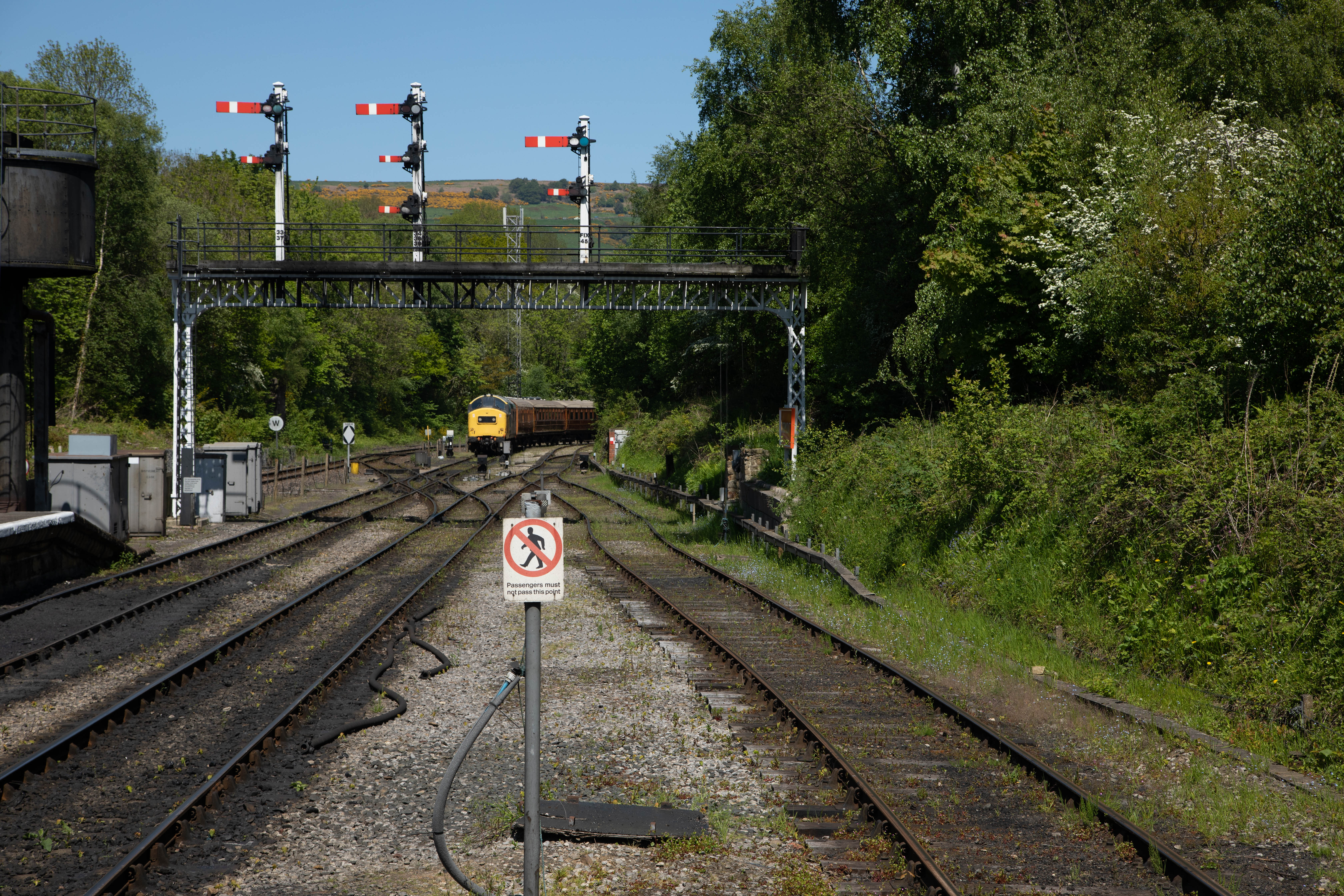 Editorial use only: North Yorkshire Moors Railway, NYMR. Grosmont on a sunny spring day on 21 May 2023. Trains and beautiful, retro platforms 1 IMGL8262
