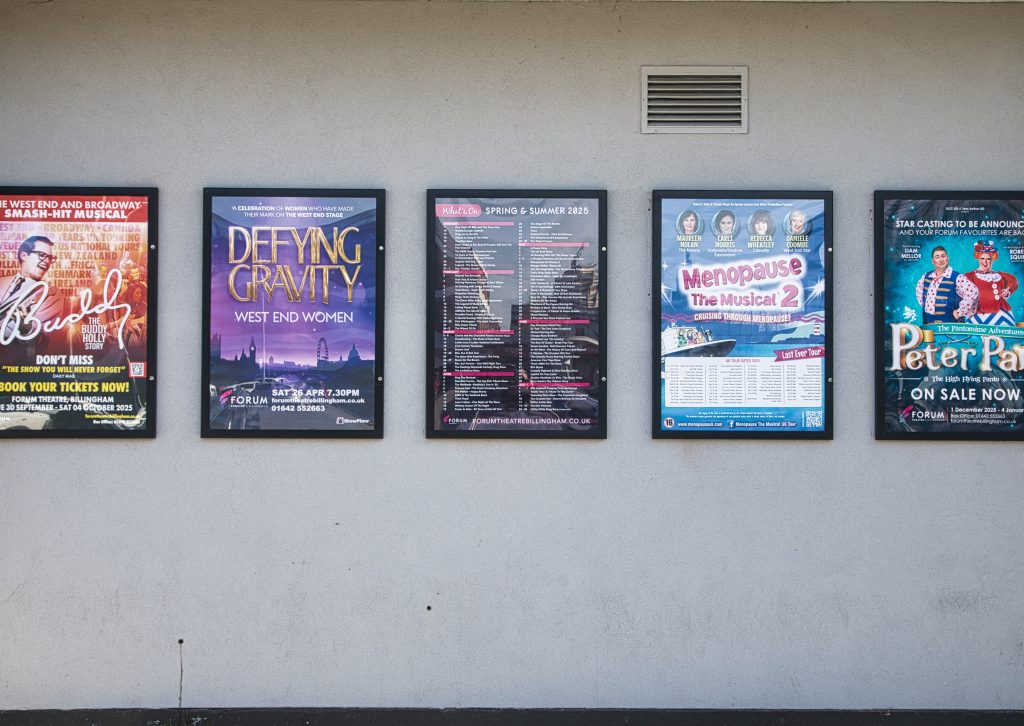 Editorial use only: Snapshot in time. Billingham forum theatre list of forthcoming acts. Taken on 08-Mar-2025 1 snapshotintime0803251