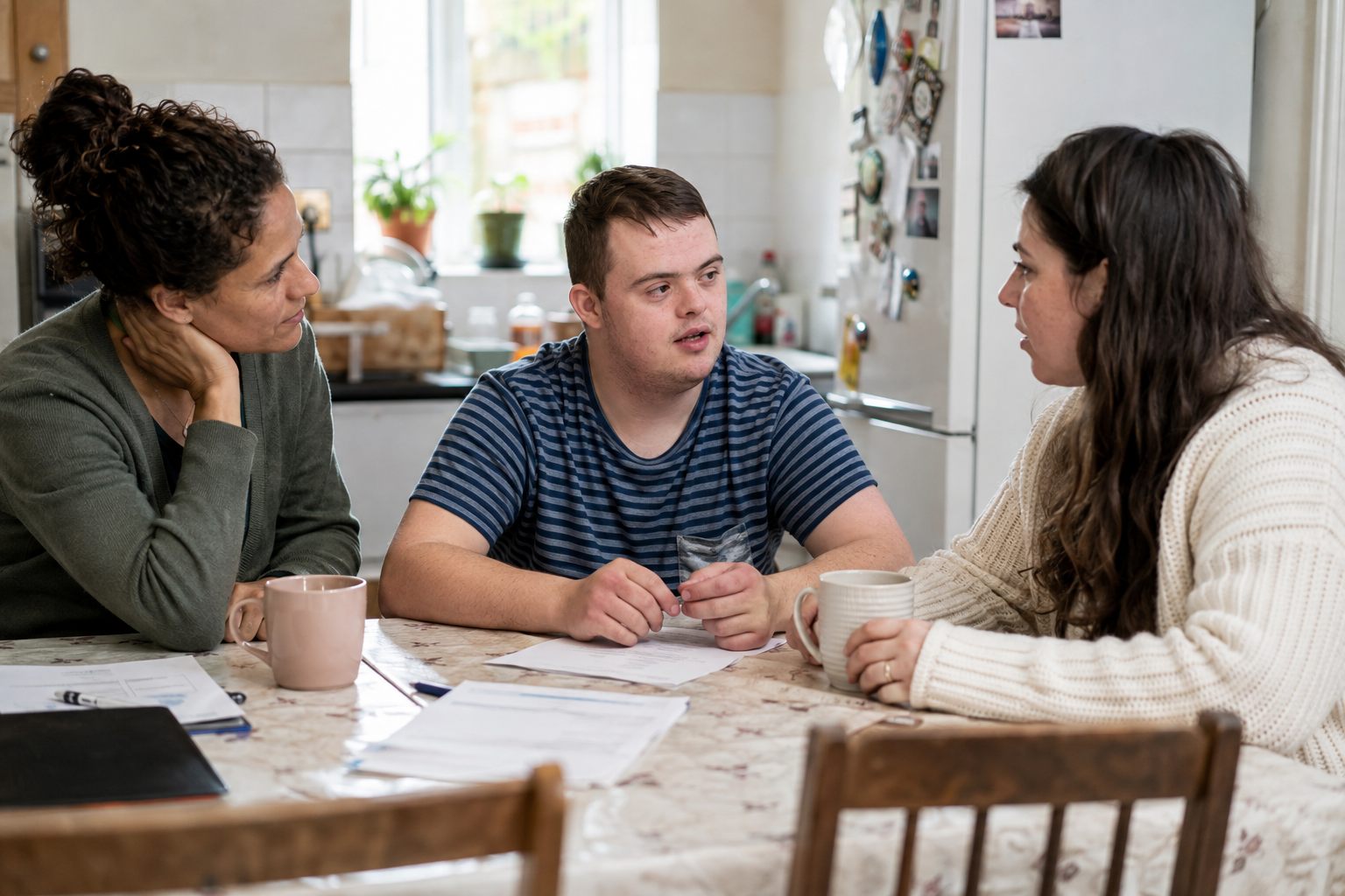 Family and care professional discussing arrangements at a kitchen table
