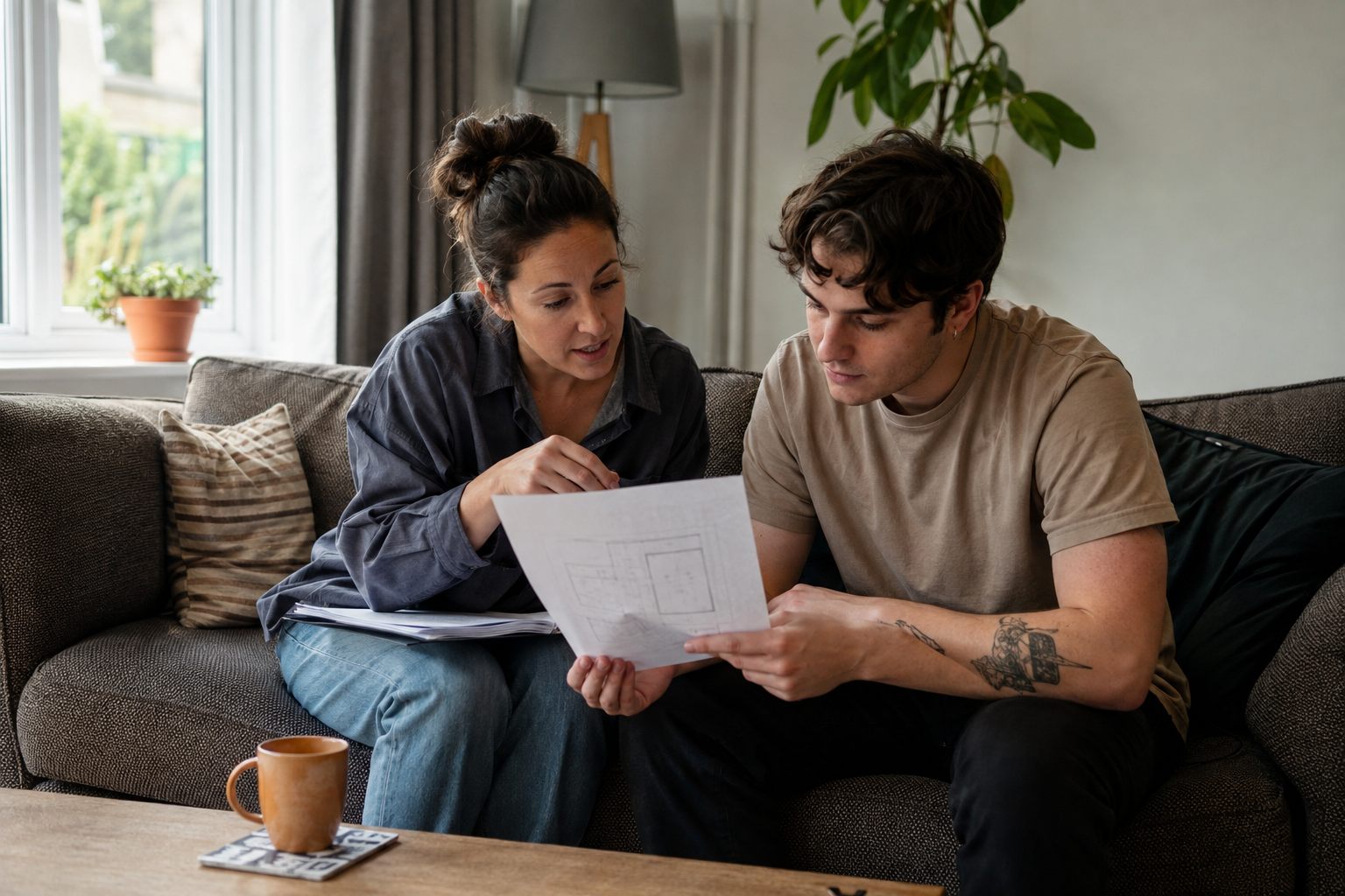 Family member and care professional talking together at home