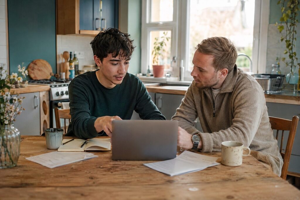 A young man and his support worker planning together at a laptop at the kitchen table