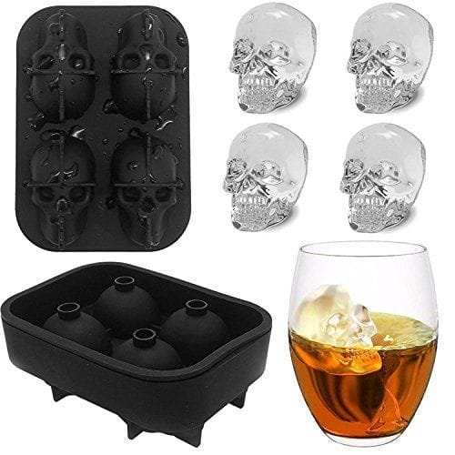 Molde de Cubo de Hielo 3D Calavera Cráneo Set de 4 Bandejas de Silicona con Embudo Pequeño para Whisky, Scotch, Chocolate, etc. (Black).