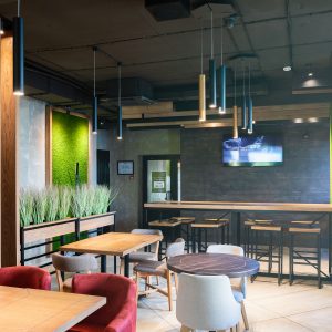 Minsk, Belarus - May 29, 2019: Interior of a modern urban restaurant in the morning sunlight