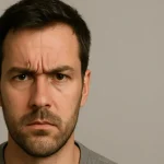 Person with furrowed brows showing vertical forehead lines, illustrating the meaning of furrowed brows